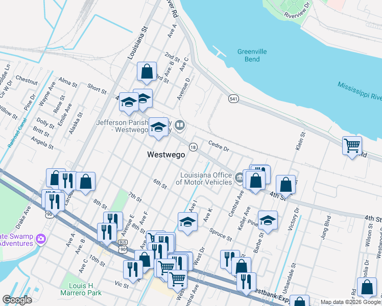 map of restaurants, bars, coffee shops, grocery stores, and more near 1000 4th Street in Westwego