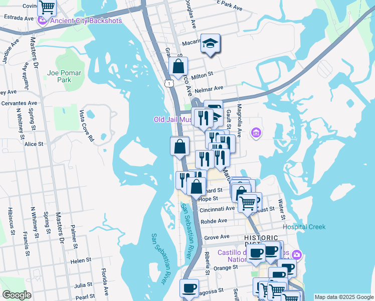 map of restaurants, bars, coffee shops, grocery stores, and more near 34 Sebastian Avenue in St. Augustine