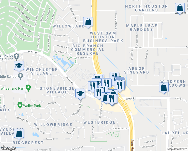 map of restaurants, bars, coffee shops, grocery stores, and more near 9409 West Sam Houston Parkway North in Houston