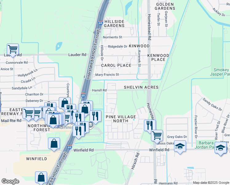 map of restaurants, bars, coffee shops, grocery stores, and more near 12423 West Village Drive in Houston