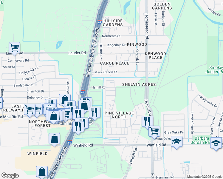 map of restaurants, bars, coffee shops, grocery stores, and more near 12423 West Village Drive in Houston
