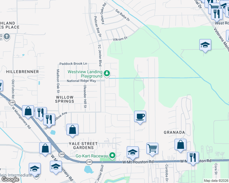 map of restaurants, bars, coffee shops, grocery stores, and more near 11810 Redbud Creek Lane in Houston