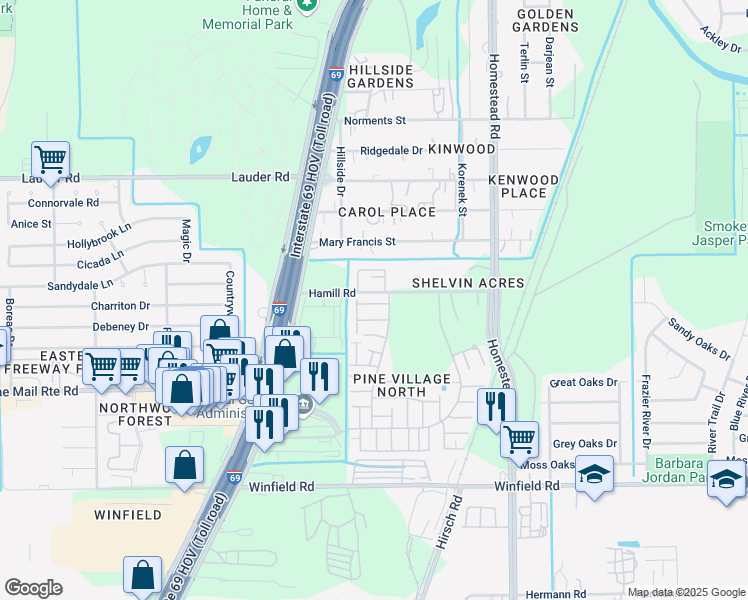 map of restaurants, bars, coffee shops, grocery stores, and more near 12423 West Village Drive in Houston