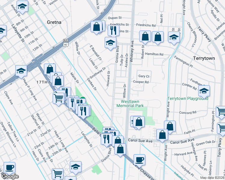 map of restaurants, bars, coffee shops, grocery stores, and more near 203 Willow Drive in Gretna