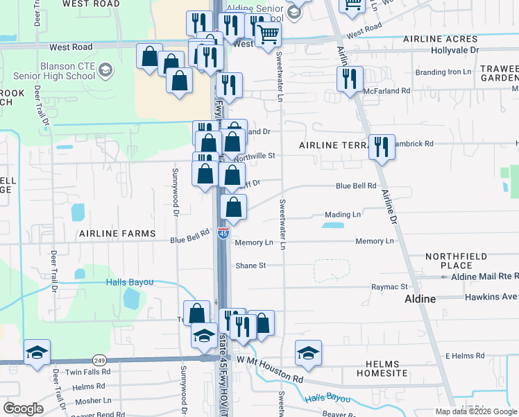 map of restaurants, bars, coffee shops, grocery stores, and more near 605 Korff Drive in Houston