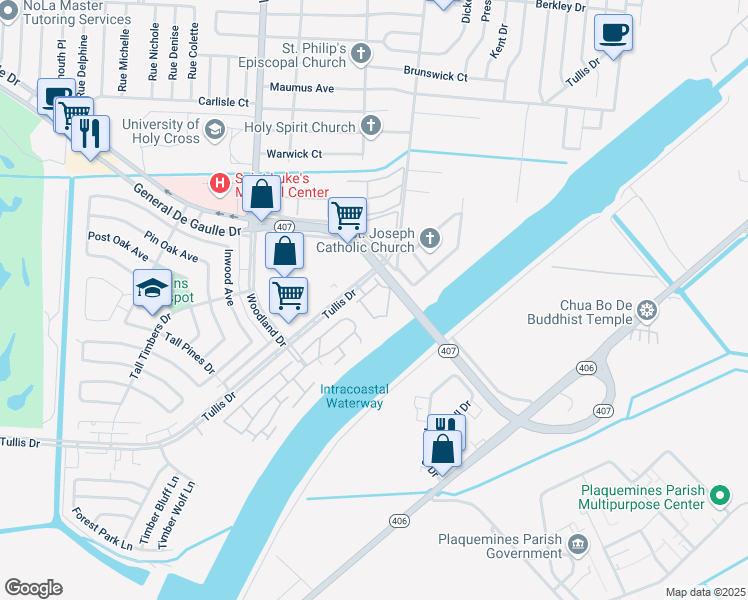 map of restaurants, bars, coffee shops, grocery stores, and more near 6101 Tullis Drive in New Orleans