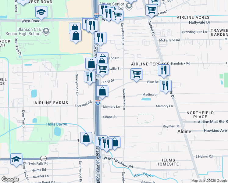 map of restaurants, bars, coffee shops, grocery stores, and more near 605 Korff Drive in Houston