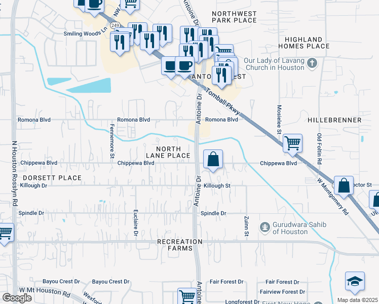 map of restaurants, bars, coffee shops, grocery stores, and more near 12043 Antoine Drive in Houston