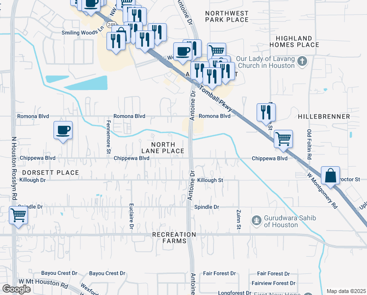 map of restaurants, bars, coffee shops, grocery stores, and more near 12043 Antoine Drive in Houston