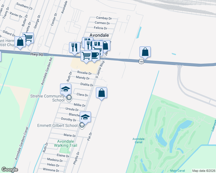 map of restaurants, bars, coffee shops, grocery stores, and more near 48 Dialita Drive in Avondale