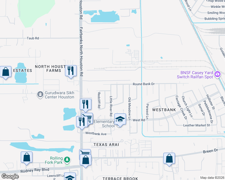 map of restaurants, bars, coffee shops, grocery stores, and more near 8643 Upperbrook Street in Houston