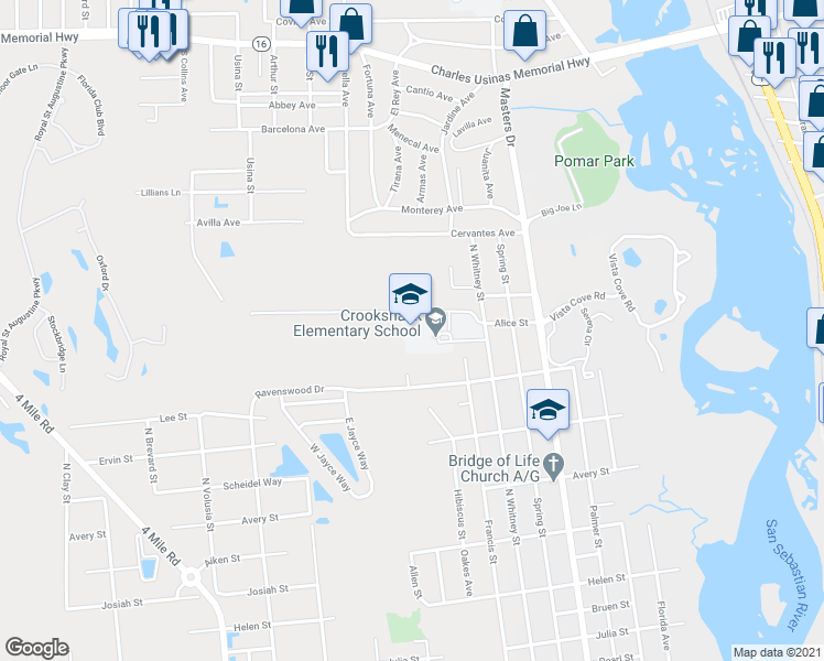 map of restaurants, bars, coffee shops, grocery stores, and more near 1455 North Whitney Street in St. Augustine