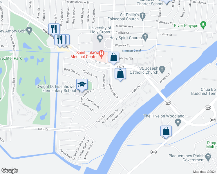 map of restaurants, bars, coffee shops, grocery stores, and more near 3858 Inwood Avenue in New Orleans
