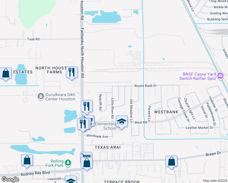 map of restaurants, bars, coffee shops, grocery stores, and more near 8643 Upperbrook Street in Houston