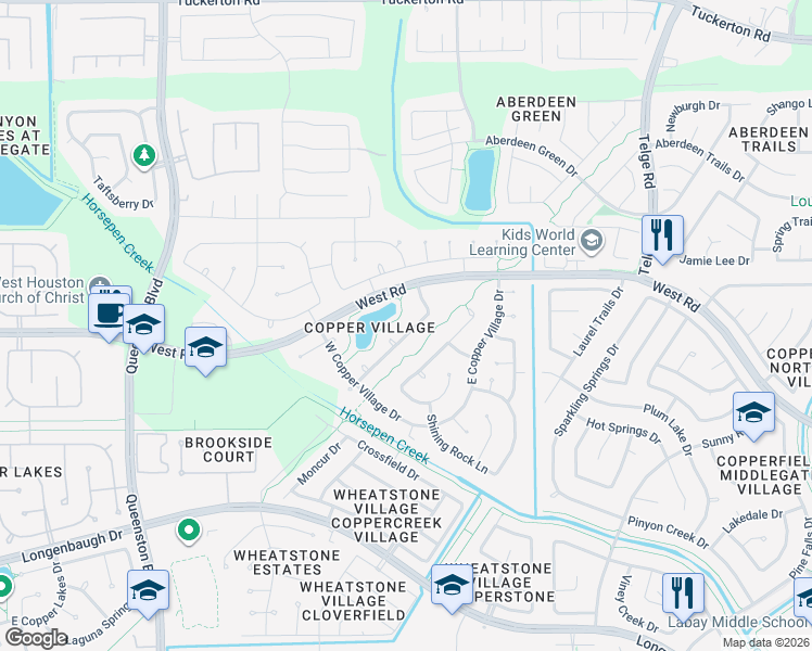 map of restaurants, bars, coffee shops, grocery stores, and more near 16426 Torry View Terrace in Houston