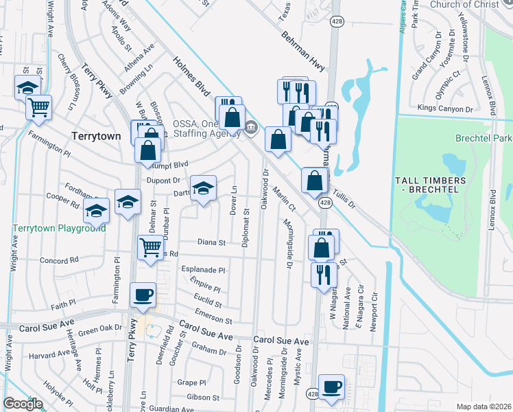 map of restaurants, bars, coffee shops, grocery stores, and more near 2137 Deerfield Road in Terrytown