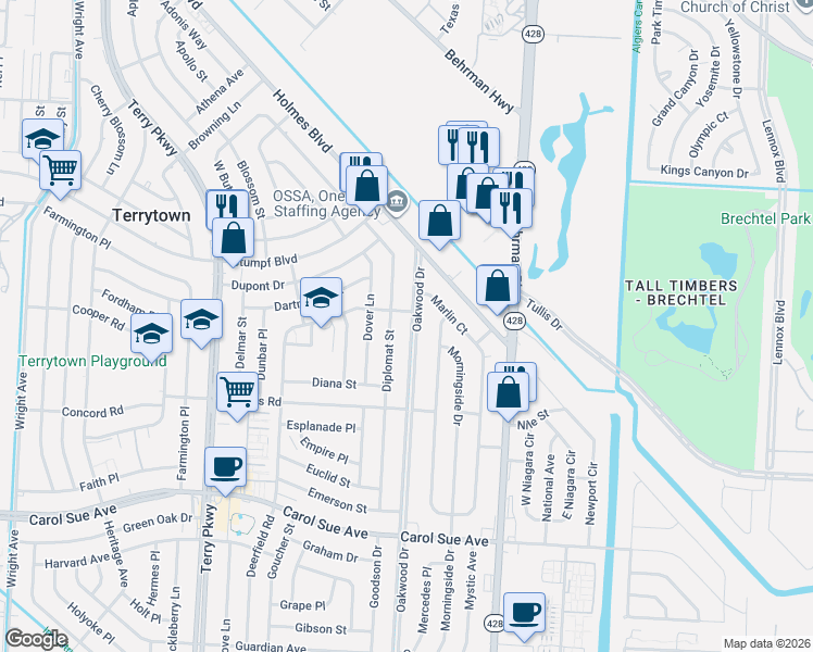 map of restaurants, bars, coffee shops, grocery stores, and more near 2137 Deerfield Road in Terrytown