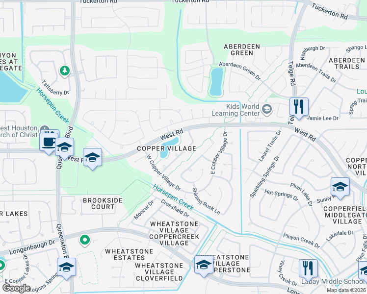 map of restaurants, bars, coffee shops, grocery stores, and more near 16426 Torry View Terrace in Houston