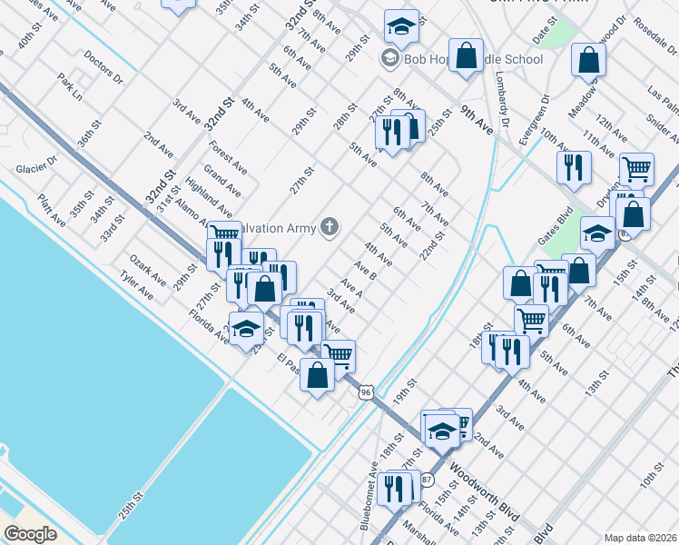 map of restaurants, bars, coffee shops, grocery stores, and more near 3111 25th Street in Port Arthur