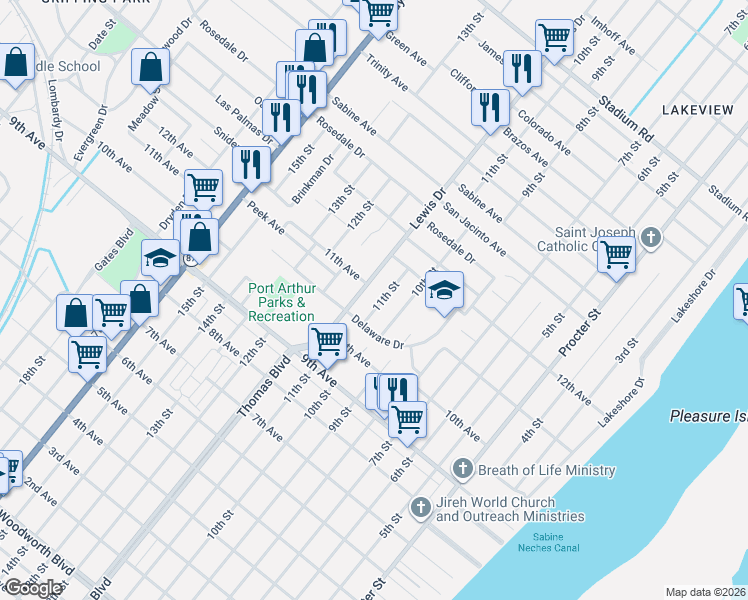 map of restaurants, bars, coffee shops, grocery stores, and more near 3915 11th Street in Port Arthur