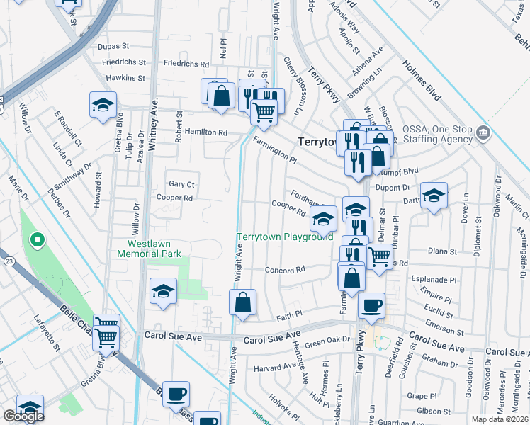 map of restaurants, bars, coffee shops, grocery stores, and more near 1813 Cooper Road in Terrytown