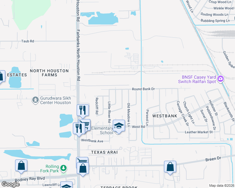 map of restaurants, bars, coffee shops, grocery stores, and more near 8643 Upperbrook Street in Houston