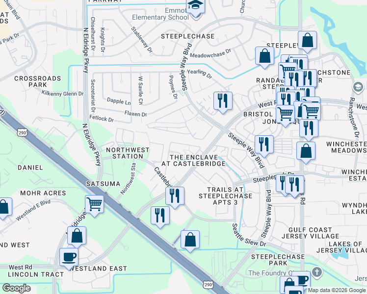 map of restaurants, bars, coffee shops, grocery stores, and more near 148 Castlegate Lane in Houston