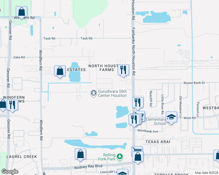 map of restaurants, bars, coffee shops, grocery stores, and more near 9310 Havenway Lane in Houston