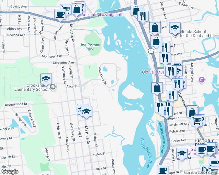 map of restaurants, bars, coffee shops, grocery stores, and more near 3101 Haley Pointe Road in St. Augustine