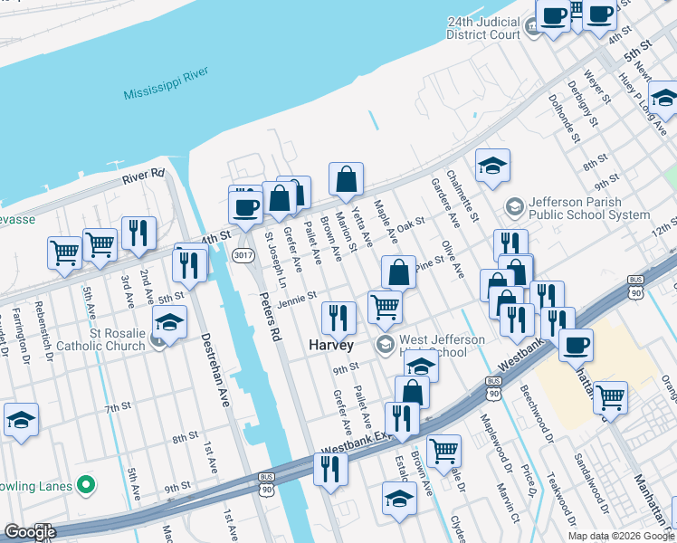 map of restaurants, bars, coffee shops, grocery stores, and more near 505 Brown Avenue in Harvey