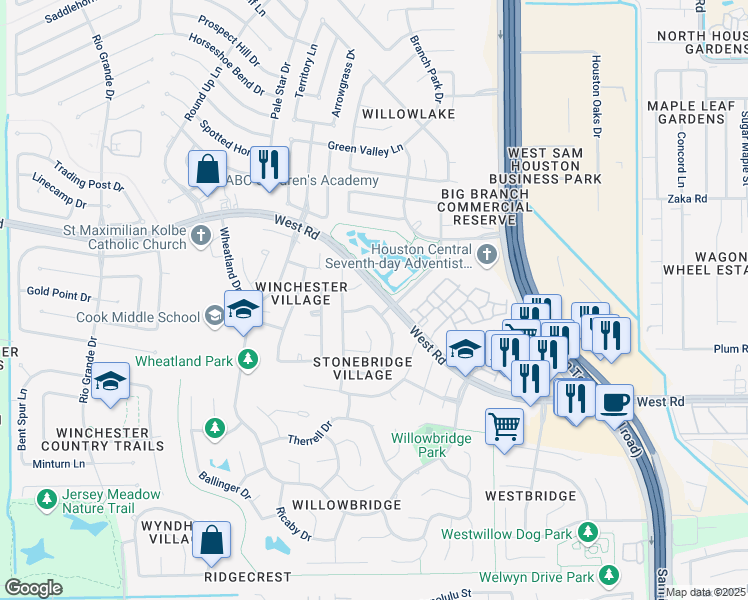 map of restaurants, bars, coffee shops, grocery stores, and more near 9702 Slate Field Drive in Houston