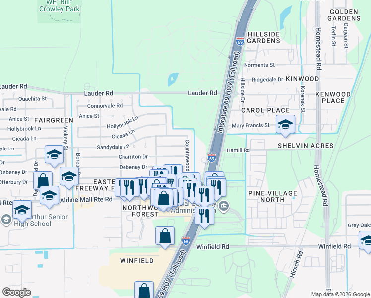 map of restaurants, bars, coffee shops, grocery stores, and more near 5223 Celestial Lane in Houston