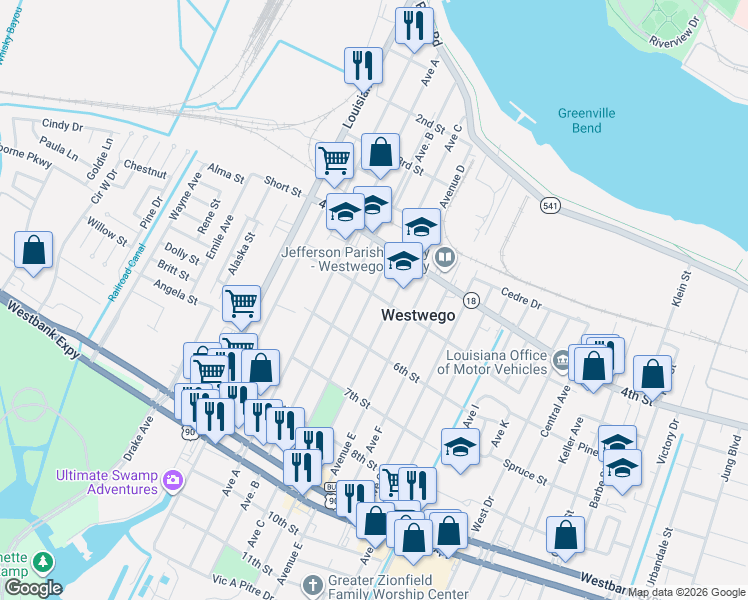 map of restaurants, bars, coffee shops, grocery stores, and more near 401 5th Street in Westwego