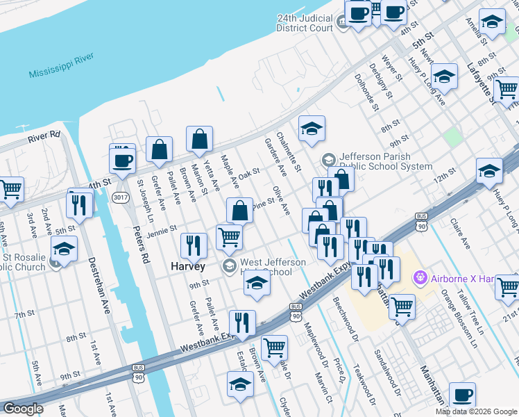 map of restaurants, bars, coffee shops, grocery stores, and more near 539 Maple Avenue in Harvey