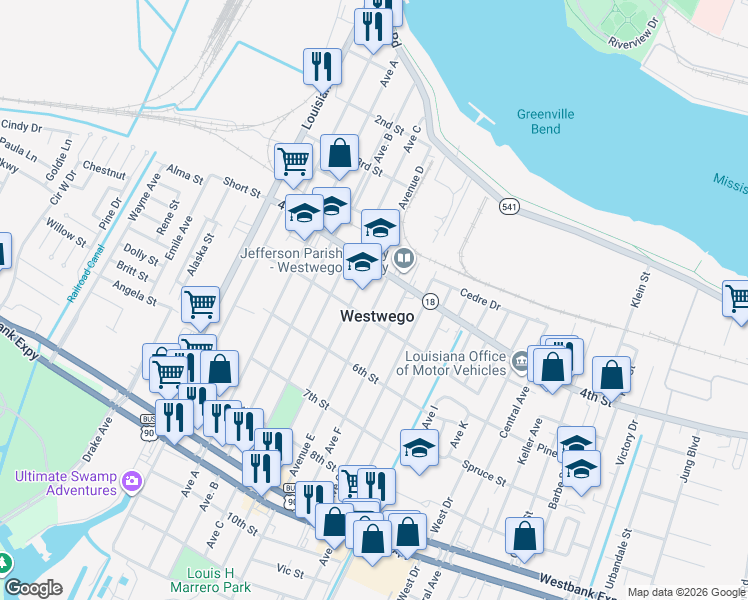 map of restaurants, bars, coffee shops, grocery stores, and more near 542 Avenue D in Westwego