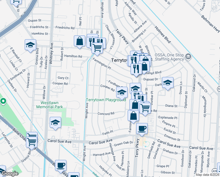 map of restaurants, bars, coffee shops, grocery stores, and more near 1903 Cooper Road in Terrytown