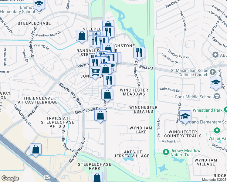 map of restaurants, bars, coffee shops, grocery stores, and more near 9110 Jones Road in Houston