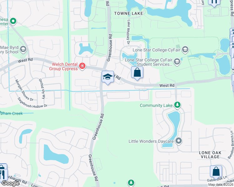 map of restaurants, bars, coffee shops, grocery stores, and more near 19238 North Cottonwood Green Lane in Cypress