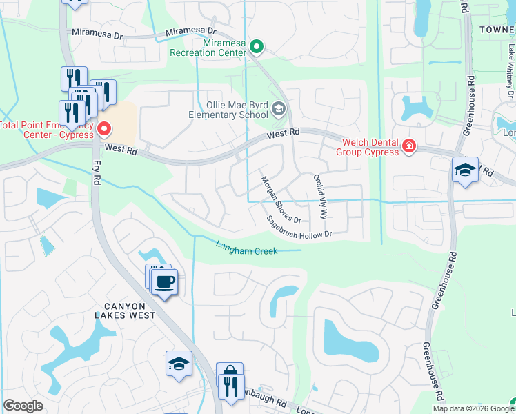 map of restaurants, bars, coffee shops, grocery stores, and more near 20227 Sagebrush Hollow Drive in Cypress