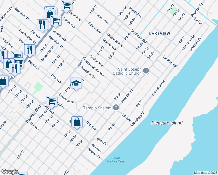 map of restaurants, bars, coffee shops, grocery stores, and more near 4049 7th Street in Port Arthur