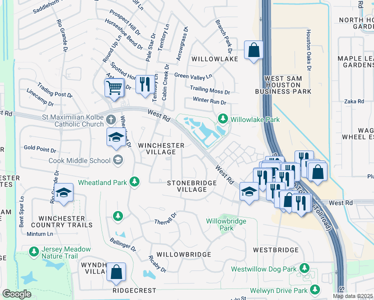 map of restaurants, bars, coffee shops, grocery stores, and more near 9303 Stoney Lake Drive in Houston