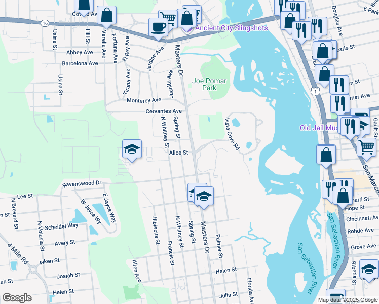 map of restaurants, bars, coffee shops, grocery stores, and more near 1465 Masters Drive in St. Augustine
