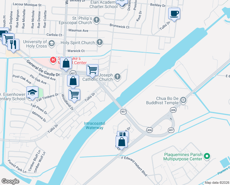 map of restaurants, bars, coffee shops, grocery stores, and more near 6440 Woodland Highway in New Orleans