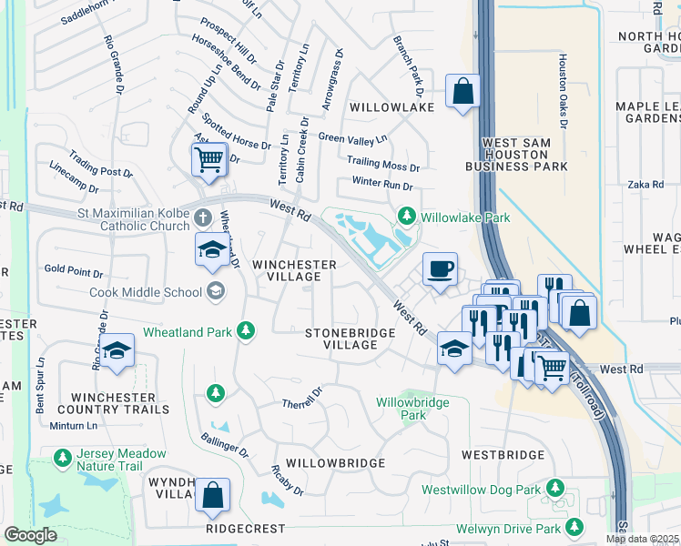 map of restaurants, bars, coffee shops, grocery stores, and more near 9303 Stoney Lake Drive in Houston