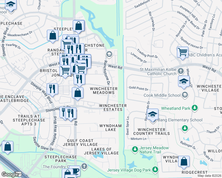 map of restaurants, bars, coffee shops, grocery stores, and more near 9018 Fawnshadow Court in Houston