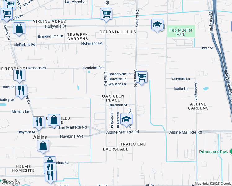 map of restaurants, bars, coffee shops, grocery stores, and more near 14226 Sunwick St in Houston
