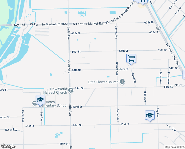 map of restaurants, bars, coffee shops, grocery stores, and more near 2696 64th Street in Port Arthur