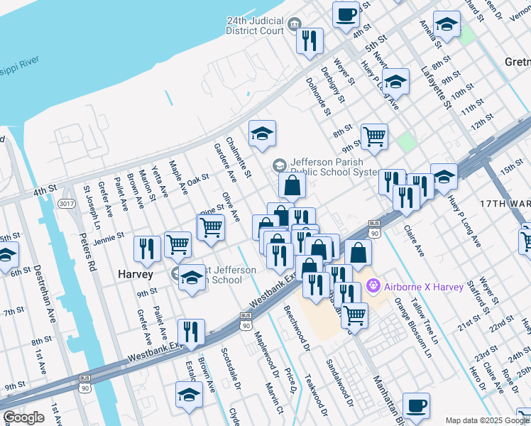map of restaurants, bars, coffee shops, grocery stores, and more near 638 Chalmette Street in Harvey