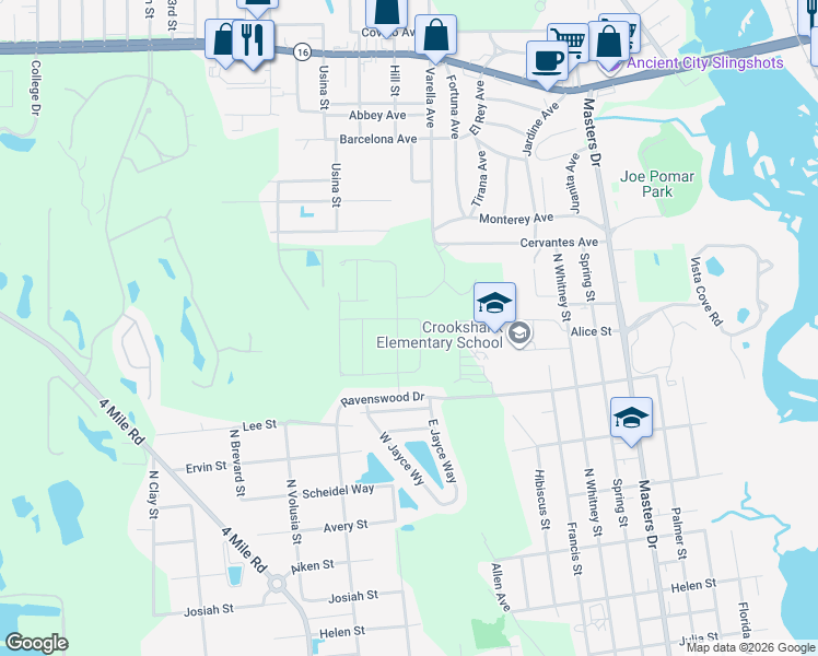 map of restaurants, bars, coffee shops, grocery stores, and more near 44 Crookshank Drive in Saint Augustine