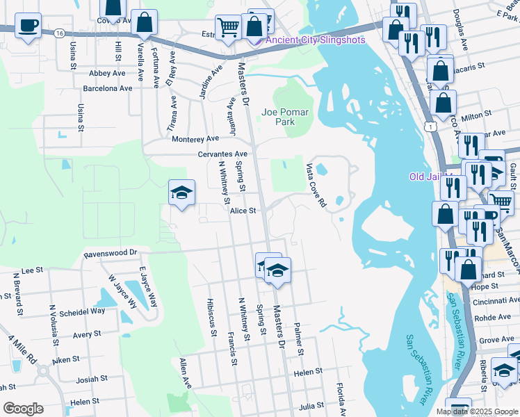 map of restaurants, bars, coffee shops, grocery stores, and more near 1465 Masters Drive in St. Augustine